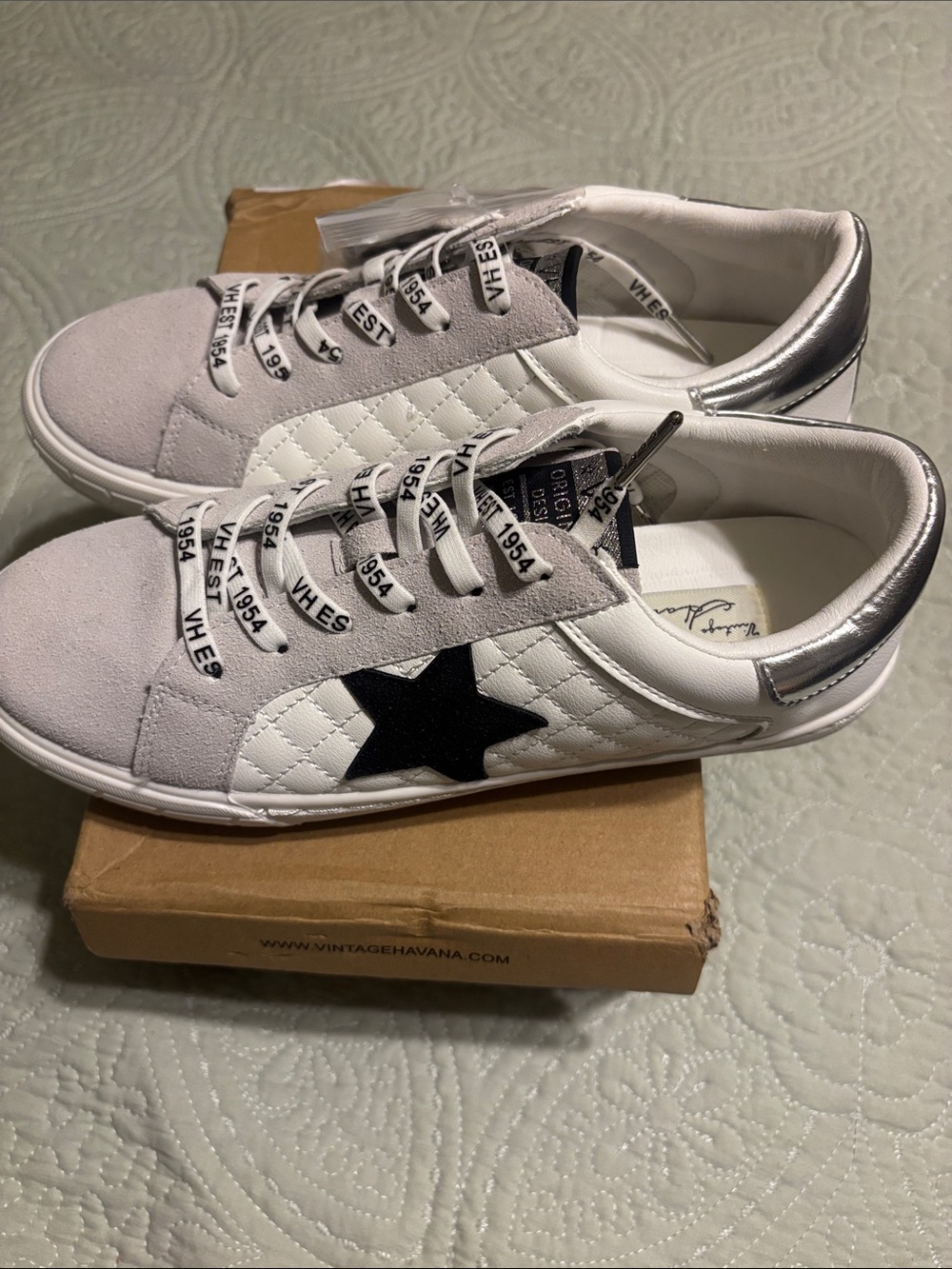 Vintage Havana White Quilted Sneakers with Black Star Accent